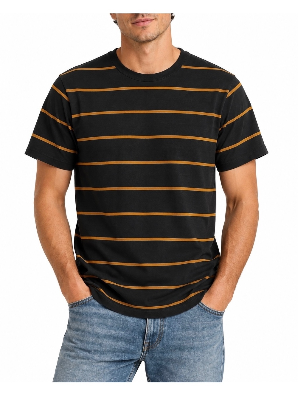 Madewell Men’s Black Mustard Stripe 100% Cotton Crewneck T-Shirt Tee M